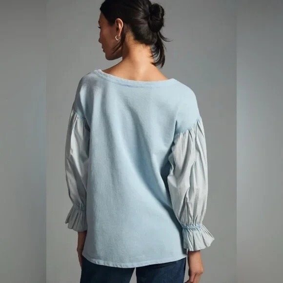 Anthropologie Pilcro Mixed-Media Pullover Top Ruffle Cuff Blue Size Small NWT - Picture 5 of 16